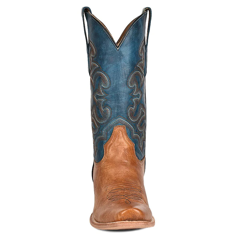 Men's cowboy boot with blue shaft, sand vamp and horseman toe with pull tabs on the sides of the shaft