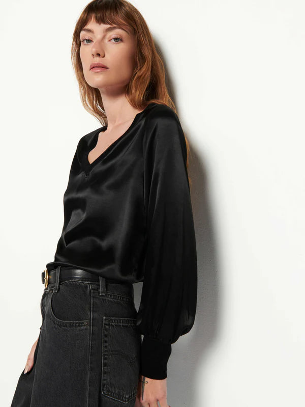 Satin black longs sleeve top with monochromatic collar and cuffs