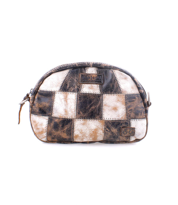 Small white and black checker print leather handbag with canvas crossbody strap