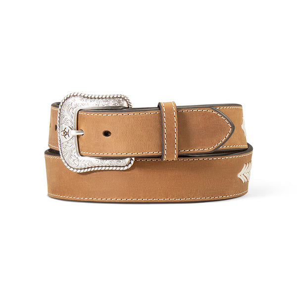 SMOOTH TAN LEATHER BELT WITH LACE STITCHING DESIGN IN THE BACK