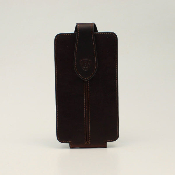 Men's brown leather phone case with top latch that has a magnetic closure and stamped with the Ariat logo