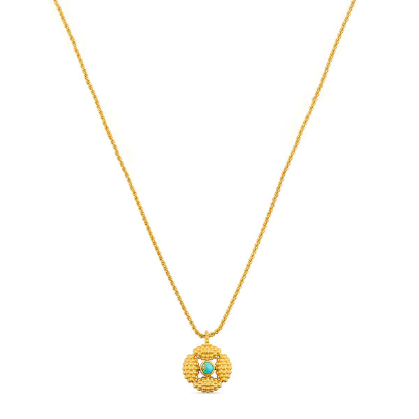 GOLD TEXTURED NECKLACE WITH TEXTURED GOLD PENDANT AND TURQUOISE DOT IN THE CENTER