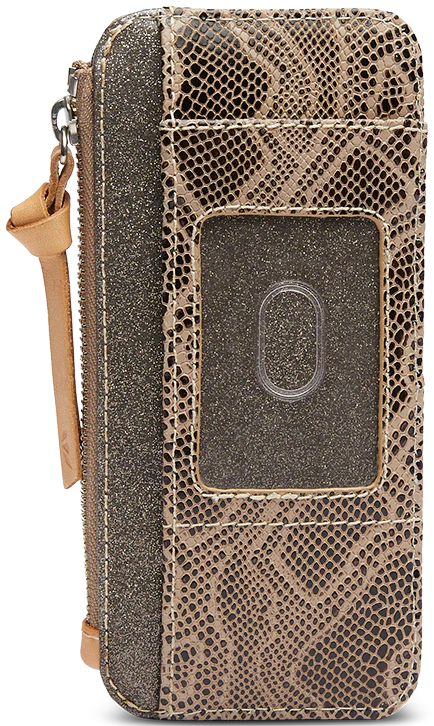 Snake print card organizer with card slots, leather strap with button closure and center zipper compartment