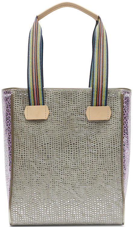 Textured tote bag with pink cheetah print side with flower tassel charm hanging off of stripe handles