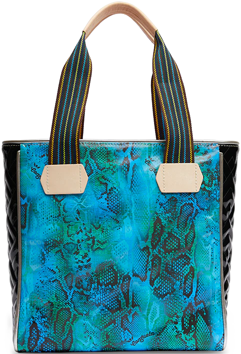 Snake print in a blue and green color with black sides and decorative detail hanging off of the handle