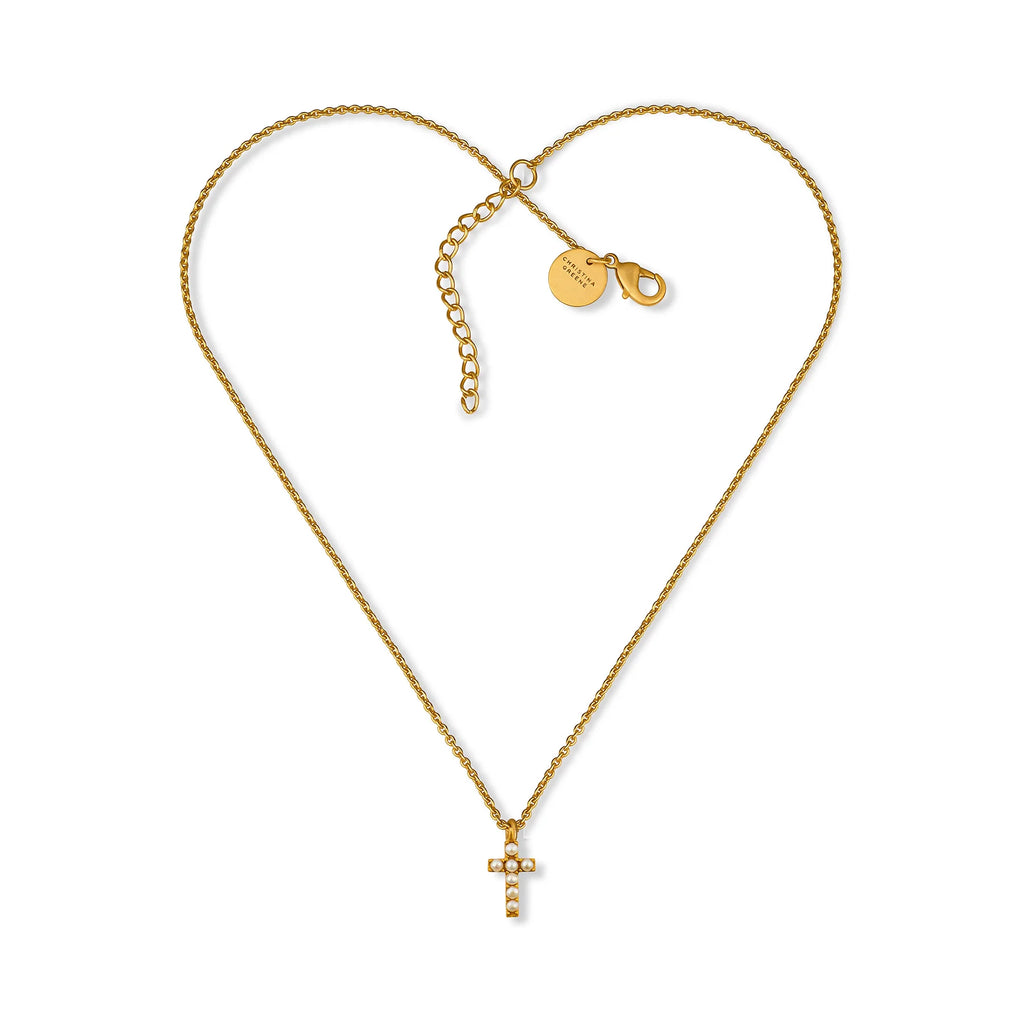 CHRISTINA GREENE Dainty Pearl Cross Necklace – Maverick Fine