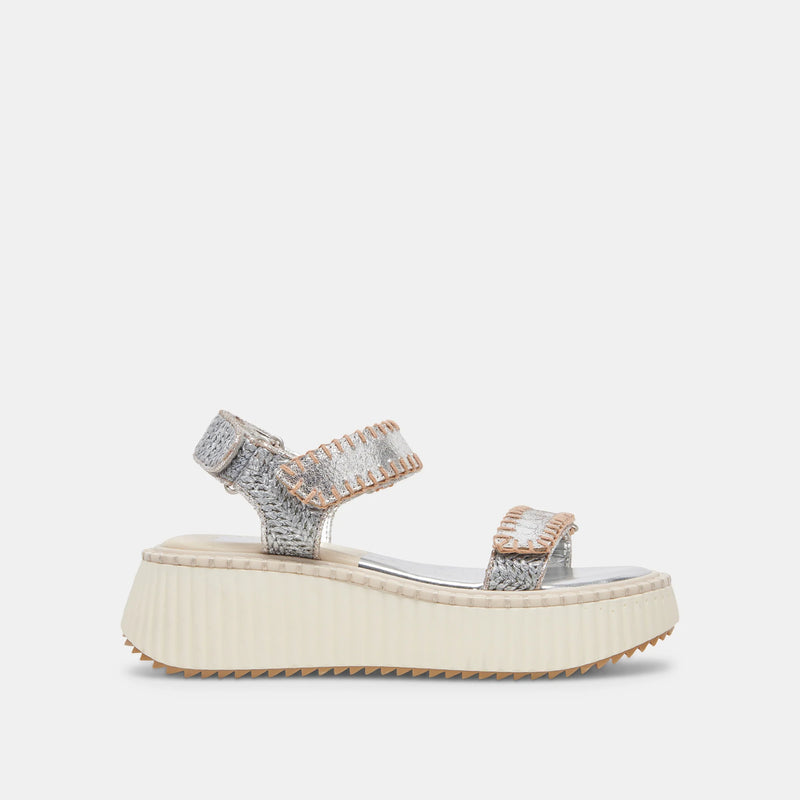 Platform sole sandal shoe with metallic Velcro straps on top and metallic wicker woven sling back detail 