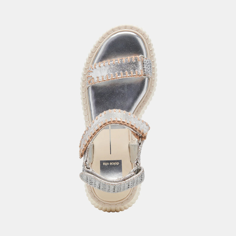Platform sole sandal shoe with metallic Velcro straps on top and metallic wicker woven sling back detail