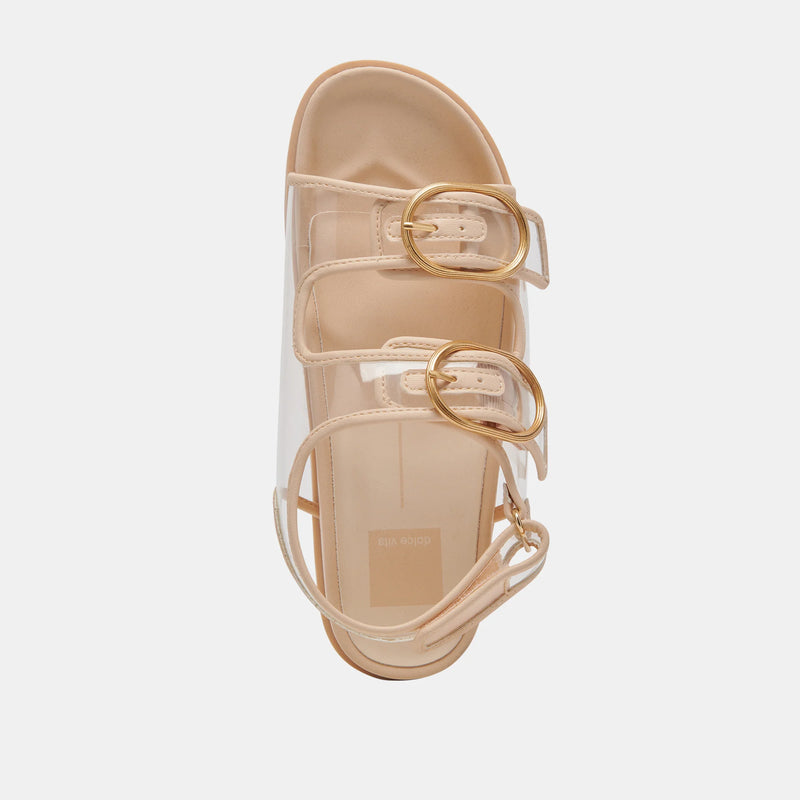 Nude color sandal with clear vinyl top and gold hardware