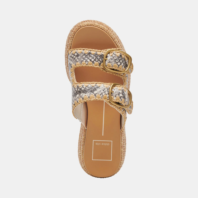 Snake skin sandal with platform wicker sole
