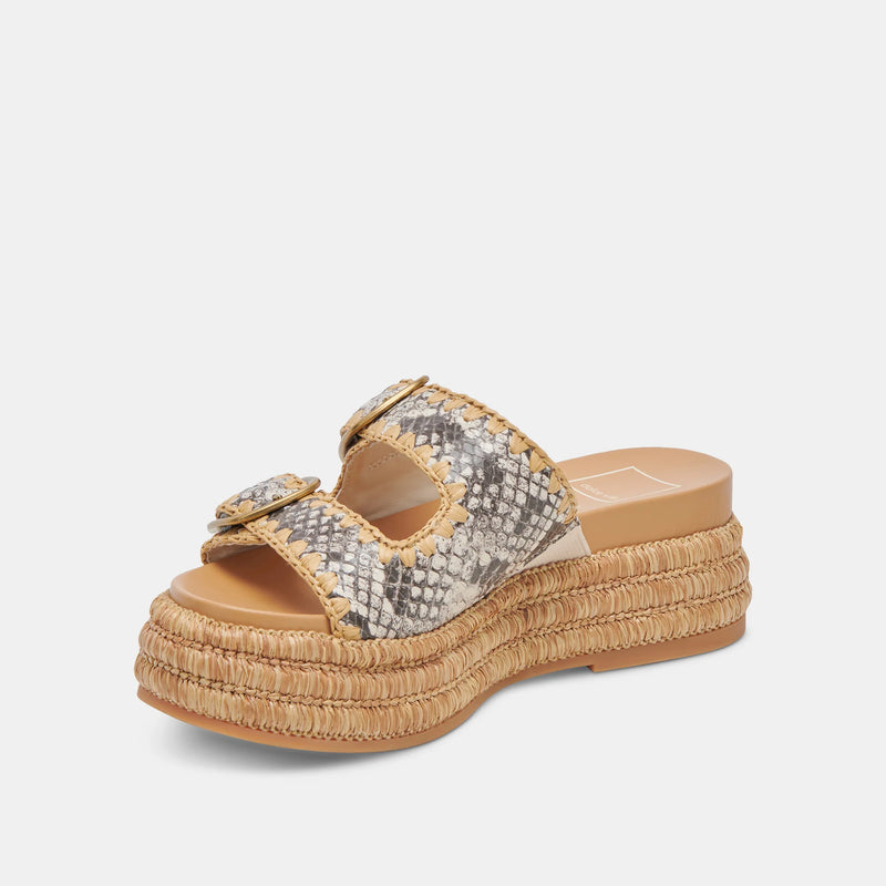 Snake skin sandal with platform wicker sole