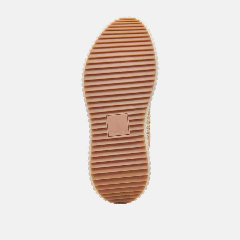 Tan wicker looking platform sneaker with breathable holes