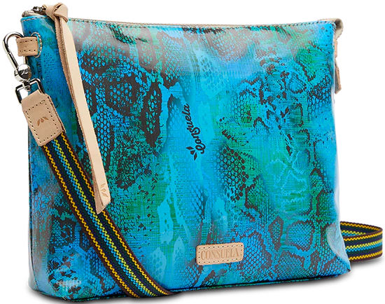Blue and green snake print crossbody bag