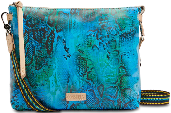 Blue and green snake print crossbody bag