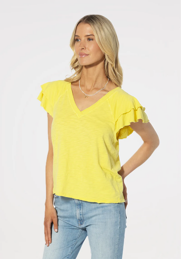 Woman wearing yellow top with ruffle sleeves