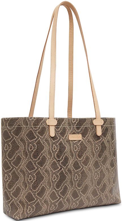 SNAKE PRINT TOTE BAG WITH TAN LEATHER STRAPS