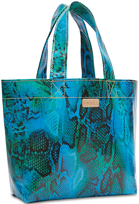 Small bag with blue and green snake print throughout