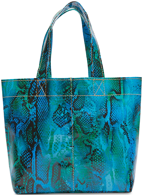 Small bag with blue and green snake print throughout