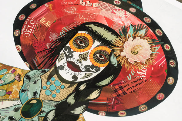 Image of cowgirl holding two pistols with red sombrero hat and sugar skull face
