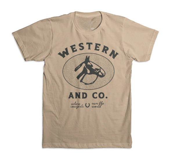 TAN T SHIRT WITH SCRIPT "WESTERN AND CO WHERE COWGIRLS RUN THE WORLD" ON THE FRONT