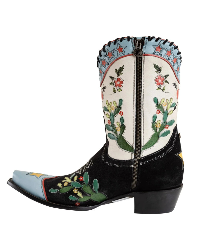 Intricate boot with black suede vamp, cream upper, with inlays of stars, cacti, flowers and hearts all over