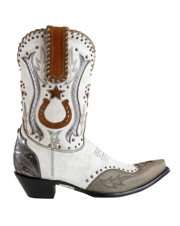 White cowboy boot with silver western accents with silver studs and brown pull tab and horse shoe and star on the side of the shaft 
