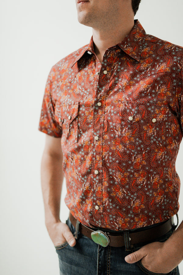 Rock and Roll Denim Red and Orange Paisley Short Sleeve Snap Shirt