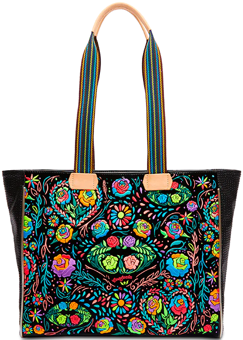 TOTE BAG WITH MULTICOLOR FLOWERS AND LEAVES ALL OVER THE FRONT AND BLACK ON THE BACK SIDE OF THE BAG. THIS PURSE HAD A MULTOCOLOR STRAP WITH TAN LEATHER IN THE CENTER AND BASE OF THE HANDLE