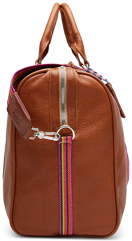 Brown leather duffle bag with pink, orange, purple and yellow stripe crossbody strap