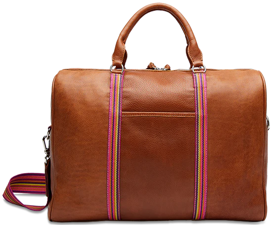Brown leather duffle bag with pink, orange, purple and yellow stripe crossbody strap