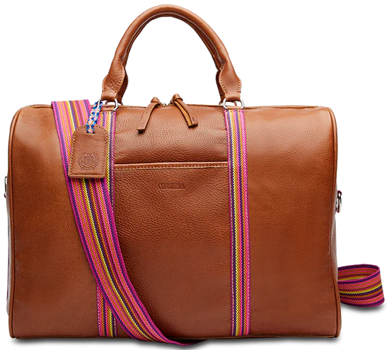 Brown leather duffle bag with pink, orange, purple and yellow stripe crossbody strap 