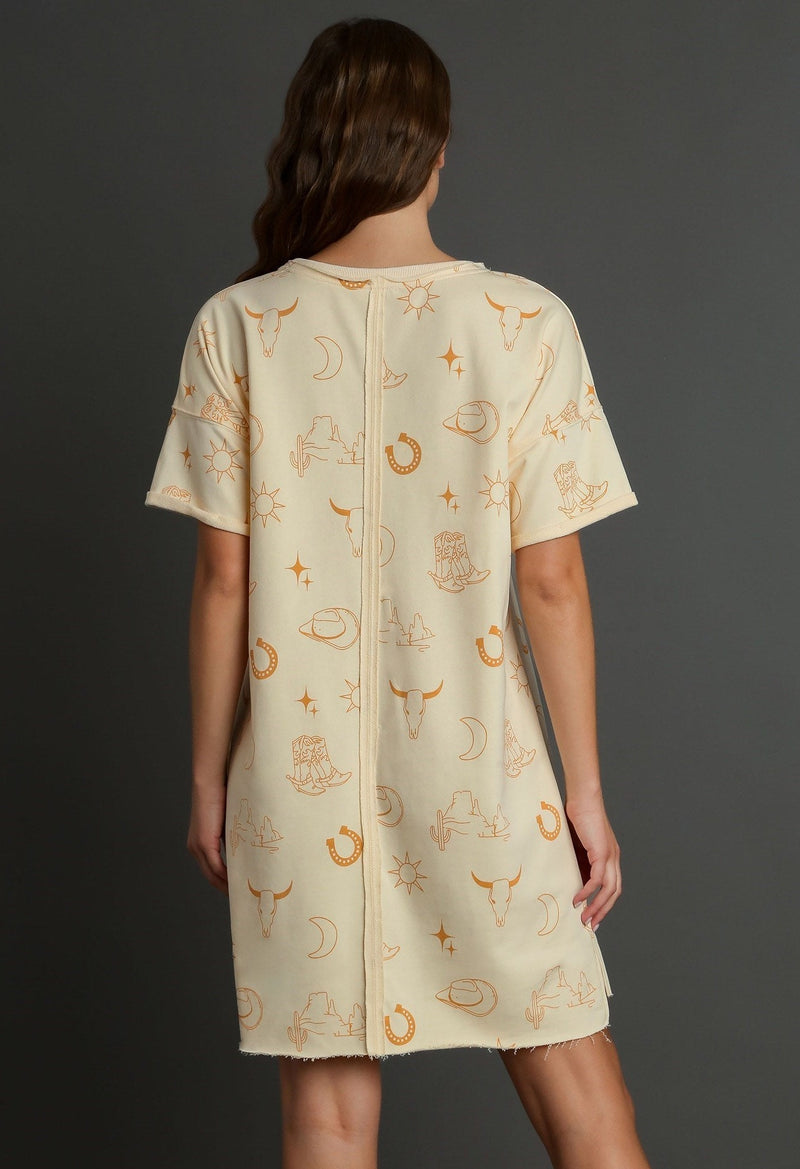 French Terry Round Neck Dress with Graphics Distressed Hem