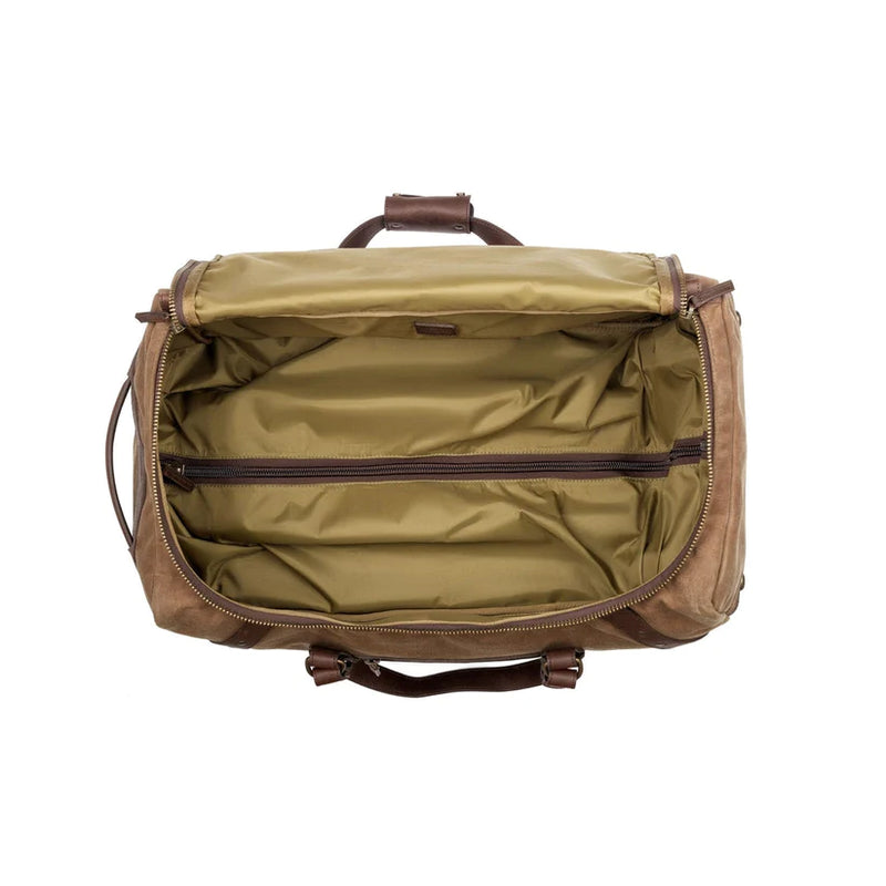 Canvas duffle bag with roller feature, zipper closures and leather handles