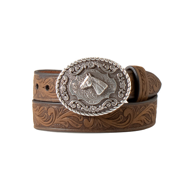 BABY BELT IN BROWN LEATHER WITH SILVER BUCKLE WITH HORSE HEAD