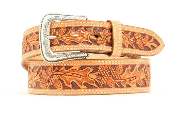 Men's tan tooled leather belt with icons of leaves and acorns all over 
