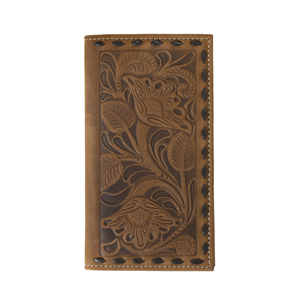 Leather tooled brown wallet with floral images and western stitching on the boarder