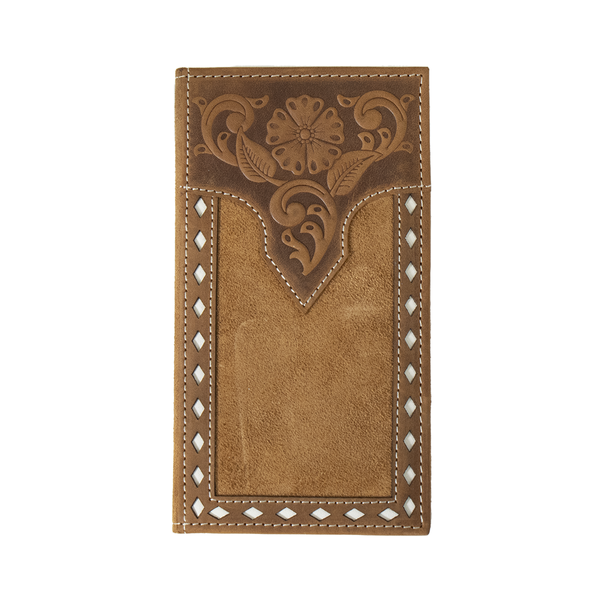 Tan roughout wallet with floral tooling on the top and white western lacing on the boarder