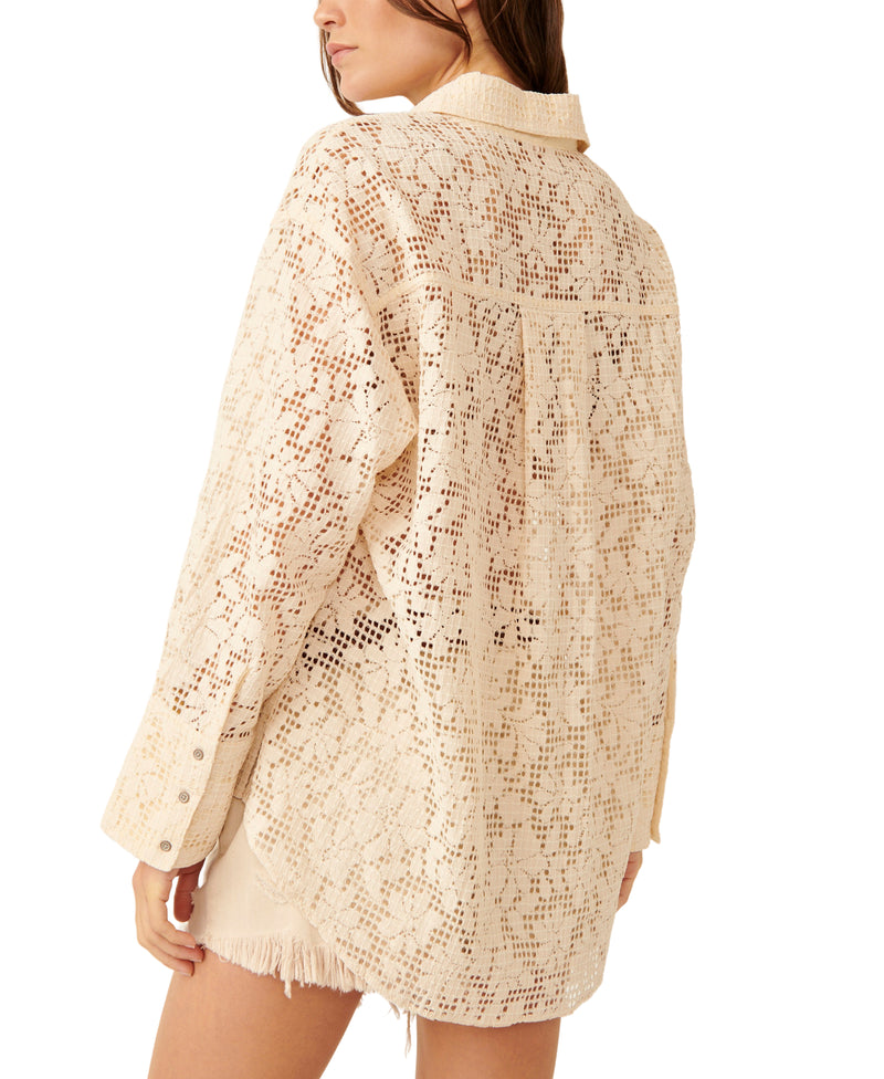 WOMAN WEARING CREAM COLOR LACE BUTTON UP SHIRT