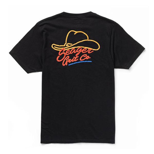 Black short sleeve t-shirt with graphic of a cowboy hat outline and "Seager Grit Co" in a primary colorway 