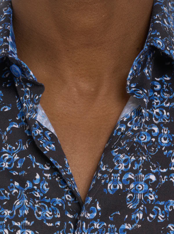 Black button down shirt with blue and white ornate design