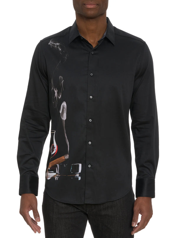 Man wearing long sleeve button down dress shirt with black background and image of cigar with ash tray and glass of wine on the lower portion of the front of the shirt