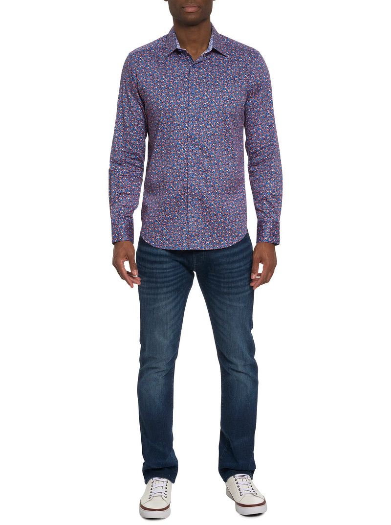 Man wearing long sleeve button down with blue and orange pattern
