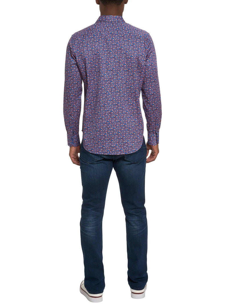 Man wearing long sleeve button down with blue and orange pattern