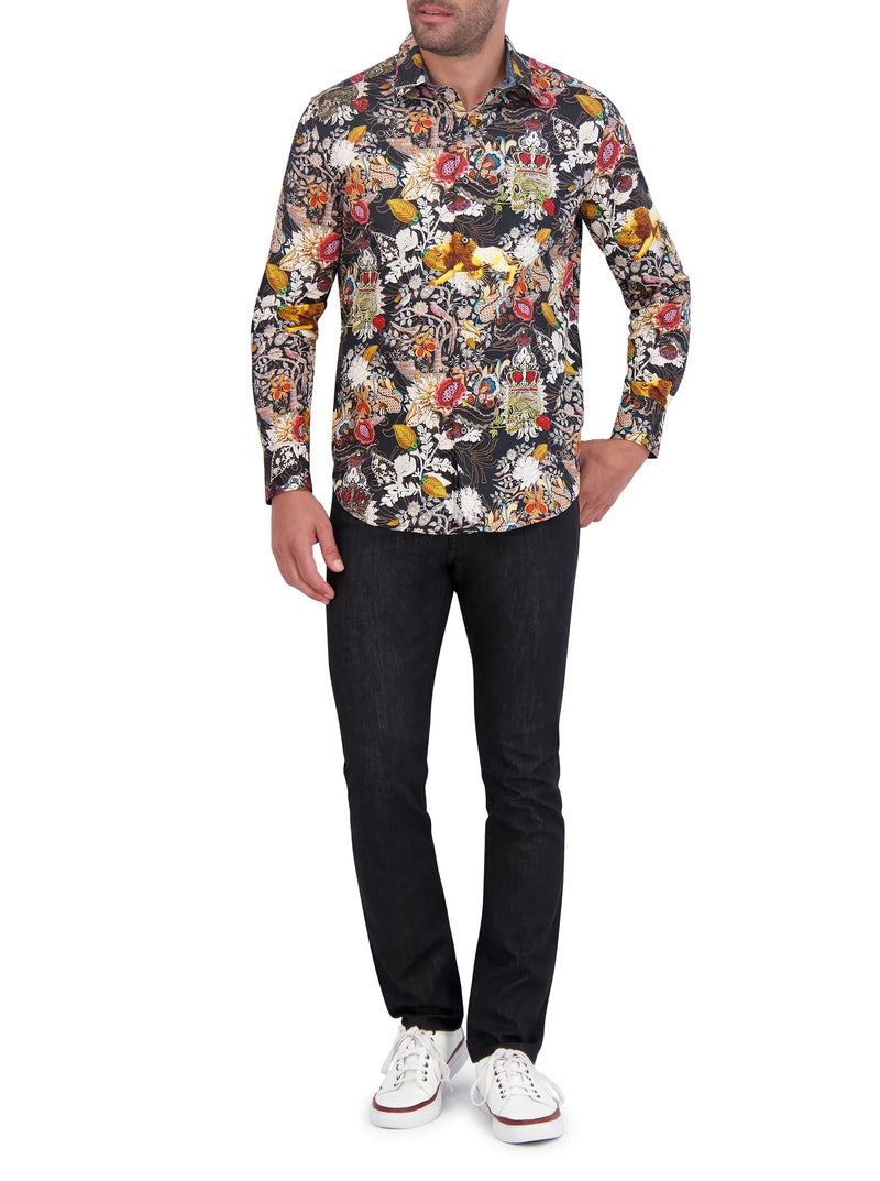 Man wearing long sleeve button down dress shirt with a variety of images throughout in multi color