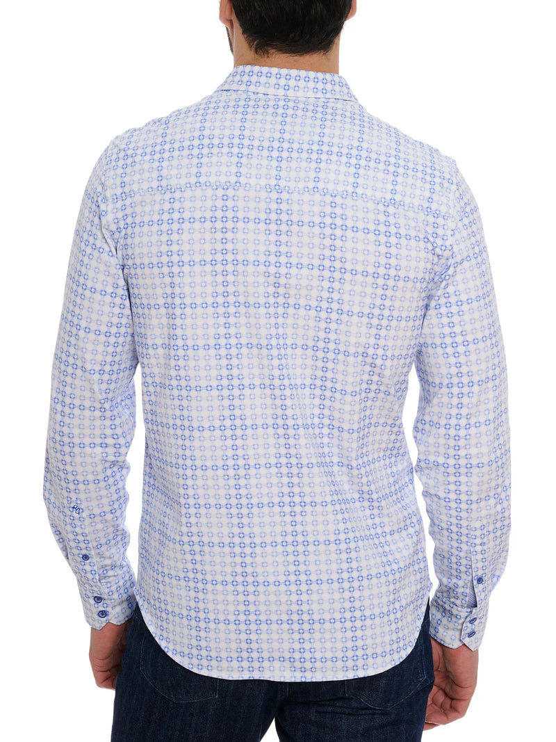 Man wearing long sleeve button down dress shirt with blue geometric square pattern