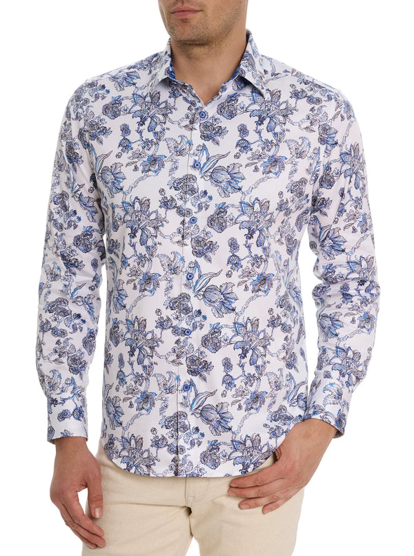 MAN WEARING LONG SLEEVE SHIRT WITH BLUE AND BLACK LINE WORK FLORAL PRINT WITH BUTTON FRONT