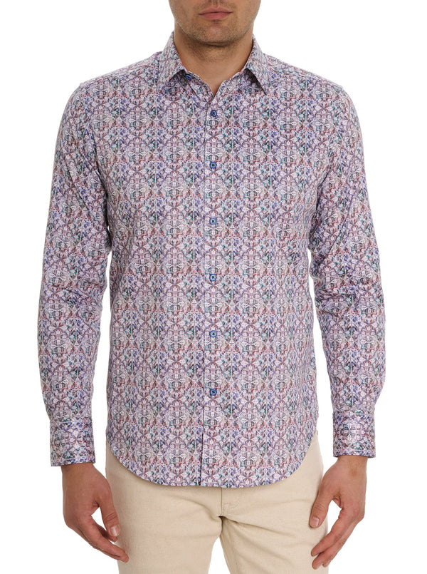 Man wearing long sleeve button down dress shirt with multi color ornate pattern all over