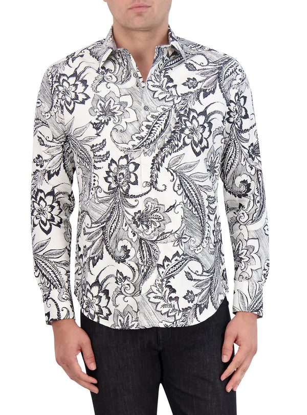 Man wearing ornate pattern long sleeve dress shirt in a black and white color way