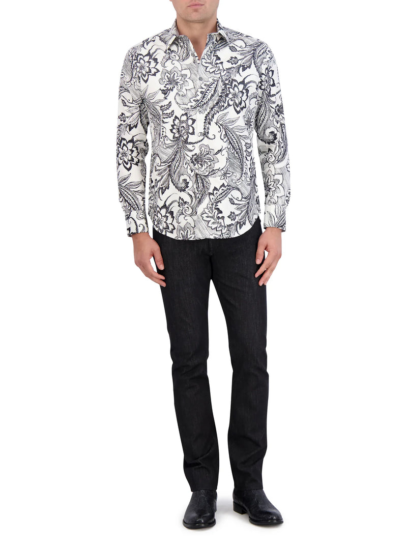 Man wearing ornate pattern long sleeve dress shirt in a black and white color way