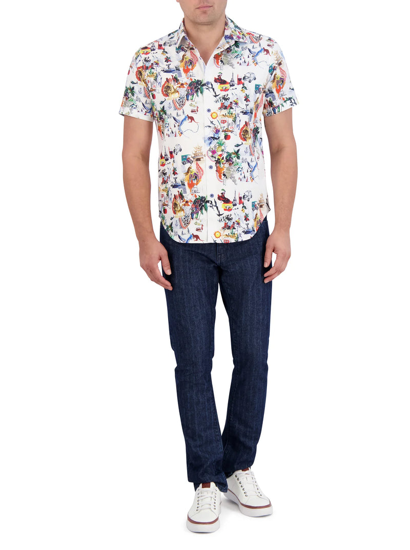 Man wearing short sleeve button up shirt with multicolor images representing areas of the world